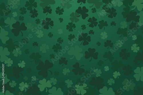 Saint Patricks Day. Green background with dark green and light green clover leaves. Vector illustration.