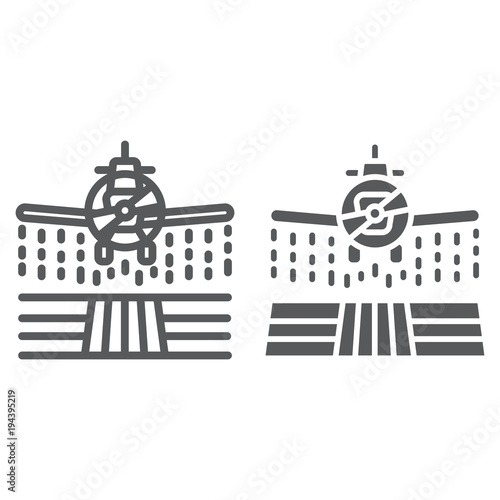 Plane sprays pesticides line and glyph icon, farming and agriculture, farm crop duster sign vector graphics, a linear pattern on a white background, eps 10.