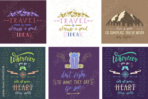 Set of travel posters. Vector hand drawn illustrations for t-shirt print or posters with hand-lettering quotes.