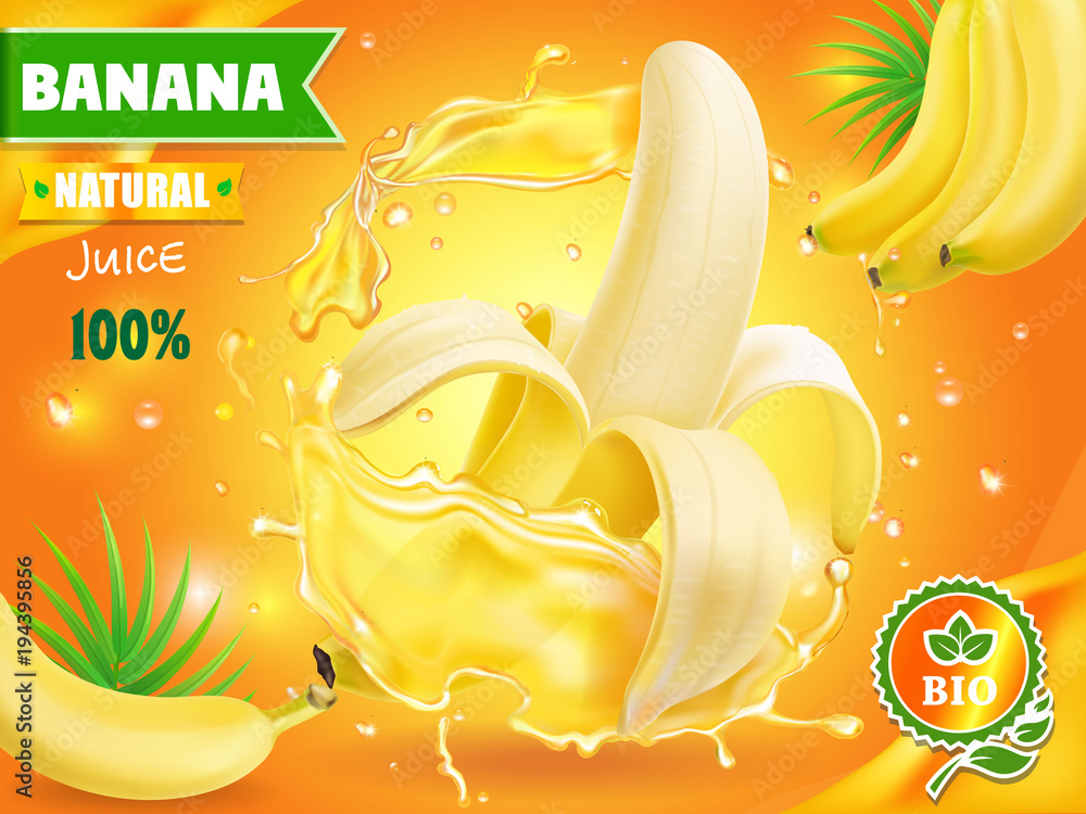 Banana juice advertising with fresh tropical fruit juice splash