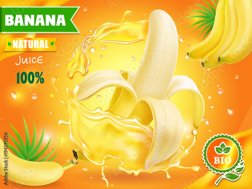 Banana juice advertising with fresh tropical fruit juice splash. package design