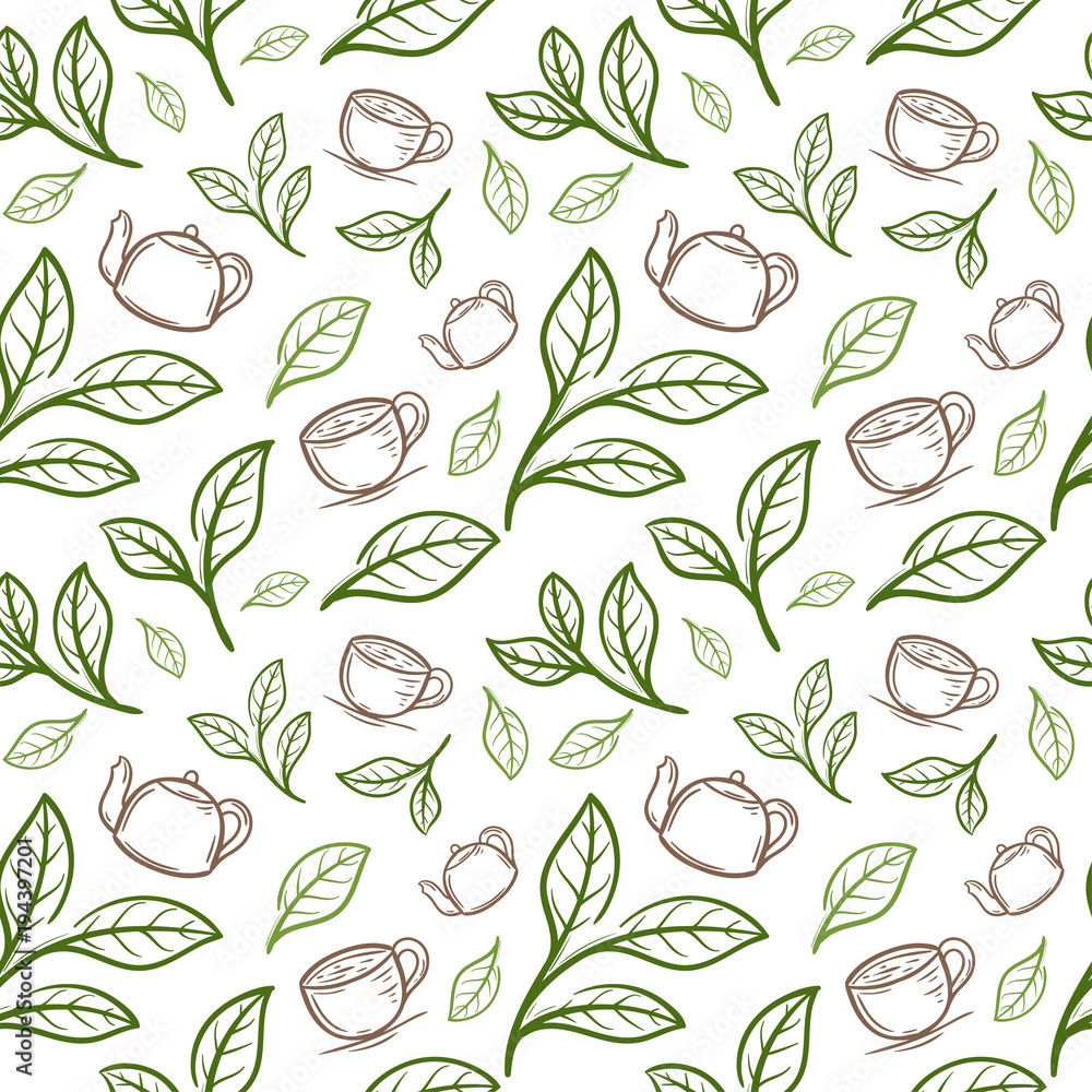 tea leaf with cup seamless pattern