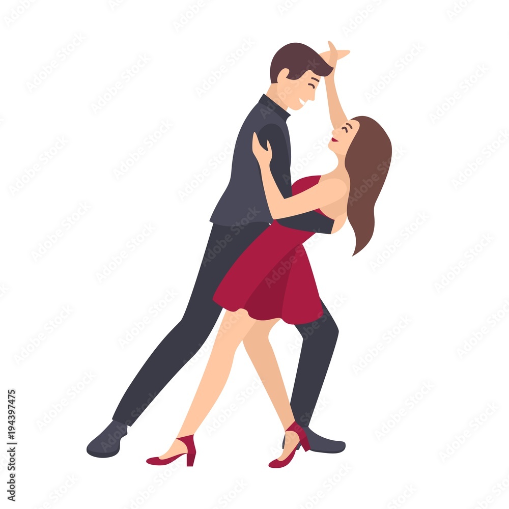 Pair of young man and woman dressed in elegant clothes dancing salsa  isolated on white background. Male and female dancers demonstrating Latin  American dance element. Flat cartoon vector illustration. Stock Vector |