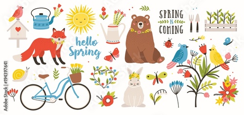 Spring set. Collection of cute animals, birds and insects, blooming flowers and floral decorations, bicycle isolated on white background. Bright colored vector illustration in flat cartoon style.