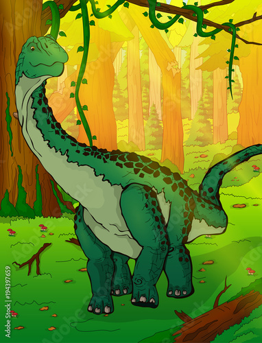 Diplodocus on the background of forest