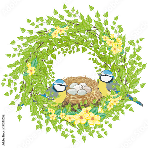 Zwei Blaumeisen mit Nest im Frühling Zweige im Kranz Oster Dekoration