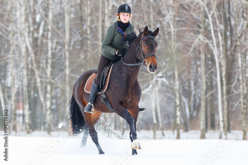 Young woman galloping on bay horse on winter field. Winter equestrian activity background