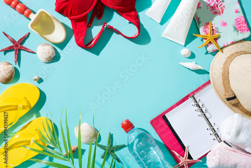 Summer holiday. Vacation background with beach accessories.