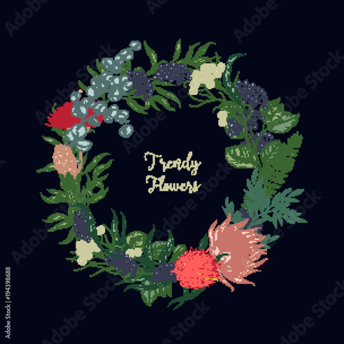 Wreath made of trendy beautiful blooming floristic flowers or flowering plants