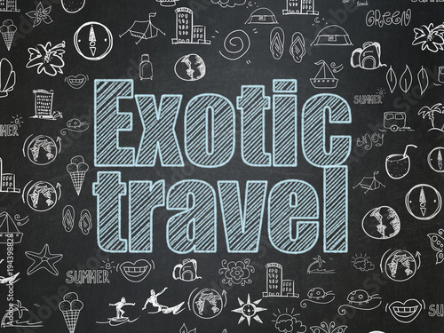 Vacation concept: Chalk Blue text Exotic Travel on School board background with Hand Drawn Vacation Icons, School Board