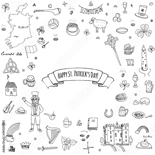 Happy St. Patrick's Day! Hand drawn doodle Ireland set Vector illustration Sketchy Irish traditional food icons elements Flag Map Celtic Cross Knot Castle Leprechaun Shamrock Harp Pot of gold