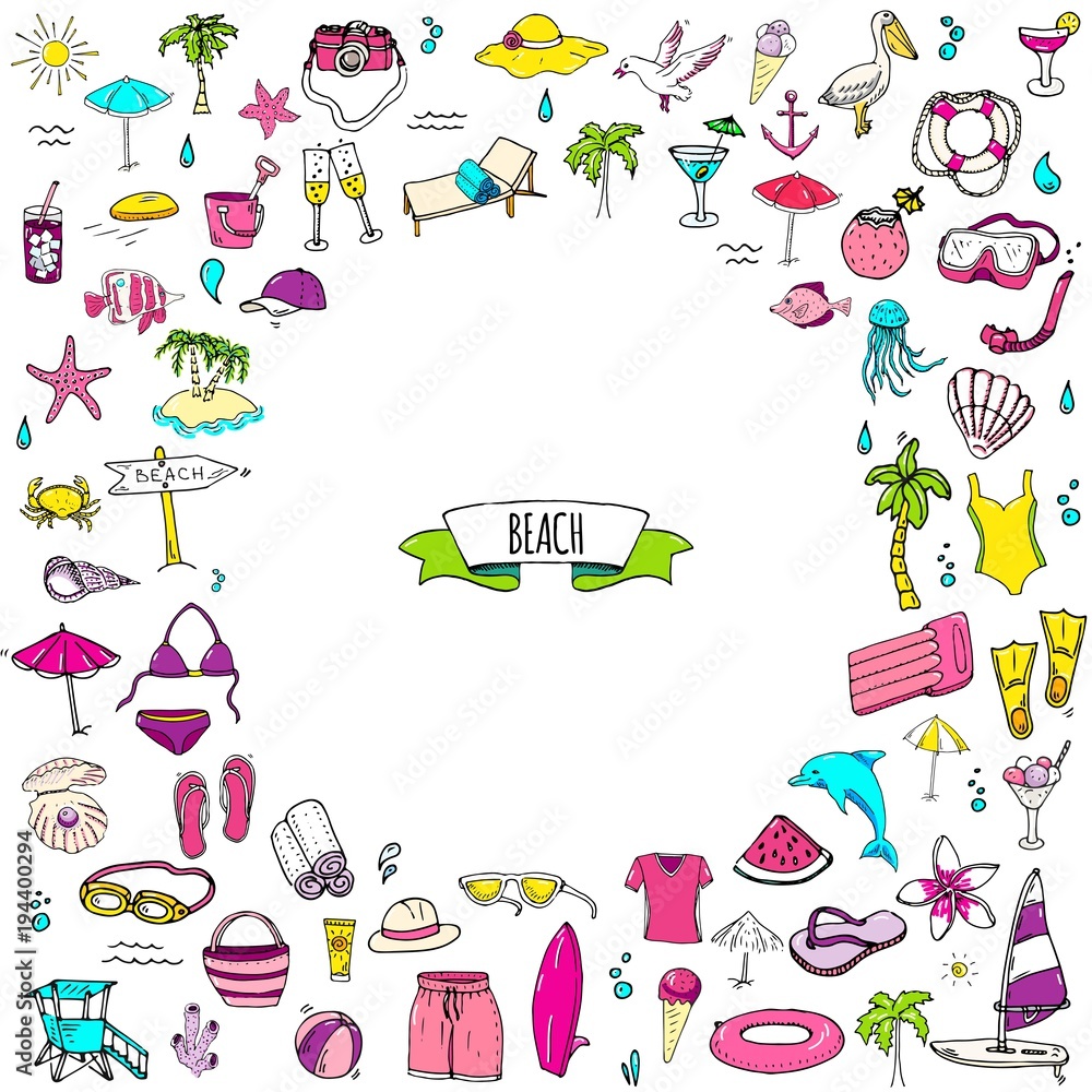 Hand drawn doodle Beach set icons Vector illustration Sketchy summer ...