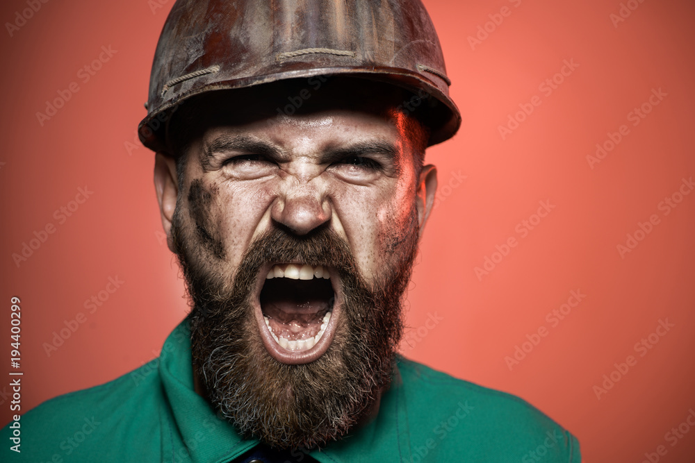 Screaming architect in suit with construction helmet. Closeup. Man builder. Close up engineers working. Construction worker in hard hat. Builder working with construction helmet. Screaming architect in suit with construction helmet. Closeup. Man builder. Close up engineers working. Construction worker in hard hat. Builder working with construction helmet.