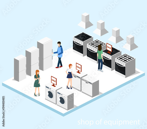 Isometric 3D vector illustration computer store and hardware store