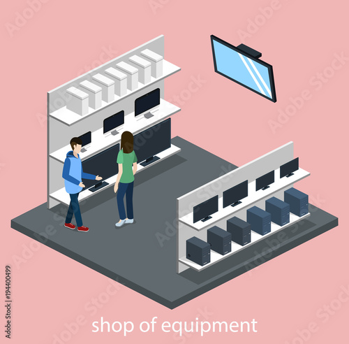 Isometric 3D vector illustration computer store and hardware store