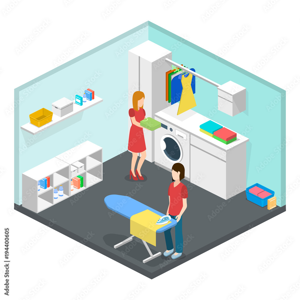 Laundry or cleaning room with washing machine and iron isometric 3D vector illustration Laundry or cleaning room with washing machine and iron isometric 3D vector illustration