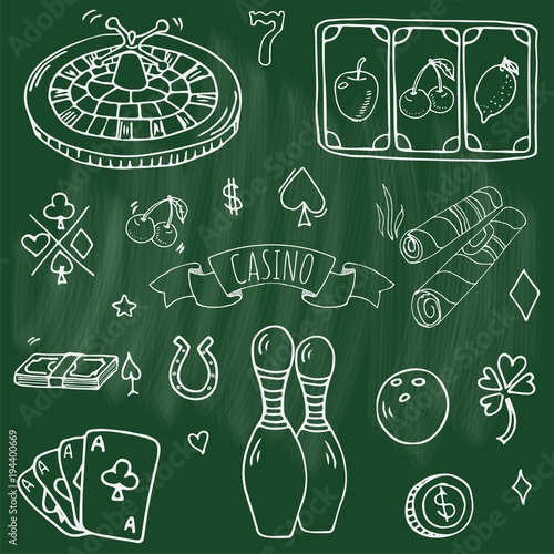 Hand drawn doodle set of Casino icons. Vector illustration set. Cartoon Gambling symbols. Sketchy game elements collection: bet, jackpot, cards, chips, coins, darts, roulette, poker, money, slot.