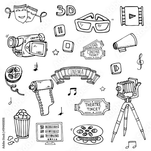 Hand drawn doodle Cinema set. Vector illustration. Movie making icons. Film symbols collection. Cinematography freehand elements: camera, film tape, photo camera, pizza, popcorn, projector, microphone