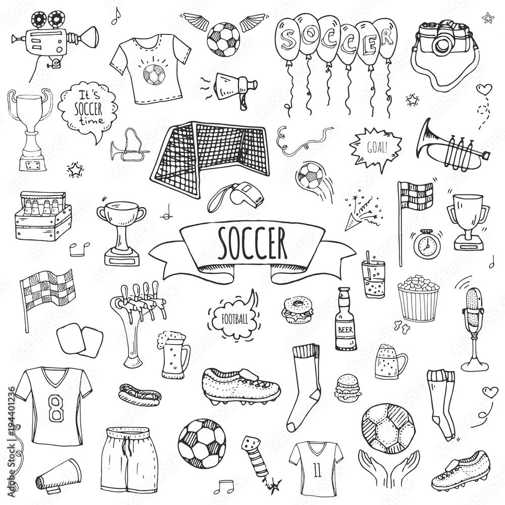 Naklejka premium Hand drawn doodle Soccer set Vector illustration Sketchy sport traditional icons Cartoon typical football elements collection Football ball, cleats, goal, trophy, whistle, gloves, boots isolated