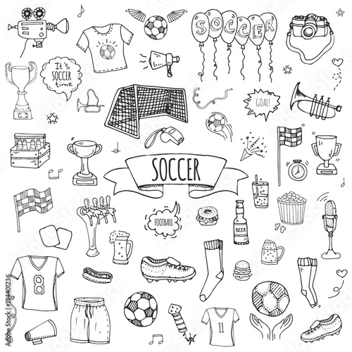 Hand drawn doodle Soccer set Vector illustration Sketchy sport traditional icons Cartoon typical football elements collection Football ball, cleats, goal, trophy, whistle, gloves, boots isolated