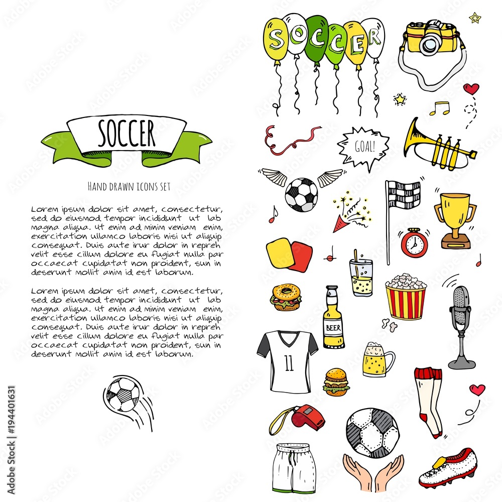 Fototapeta premium Hand drawn doodle Soccer set Vector illustration Sketchy sport traditional icons Cartoon typical football elements collection Football ball, cleats, goal, trophy, whistle, gloves, boots isolated