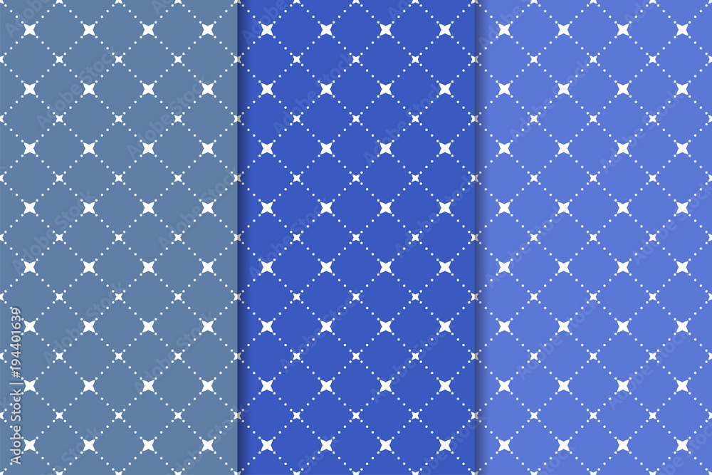 Set of geometric ornaments. Blue seamless patterns Set of geometric ornaments. Blue seamless patterns