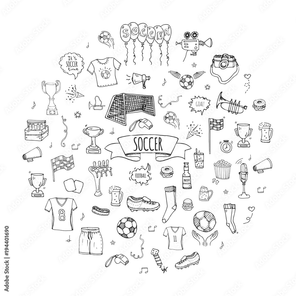 Hand drawn doodle Soccer set Vector illustration Sketchy sport traditional icons Cartoon typical football elements collection Football ball, cleats, goal, trophy, whistle, gloves, boots isolated Hand drawn doodle Soccer set Vector illustration Sketchy sport traditional icons Cartoon typical football elements collection Football ball, cleats, goal, trophy, whistle, gloves, boots isolated
