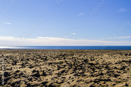 Panorama of the volcanic field and the blue sky in Iceland