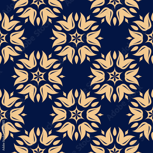 Golden floral seamless pattern on blue background