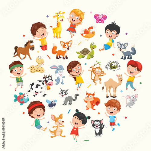 Vector Illustration Collection of Kids and Animals