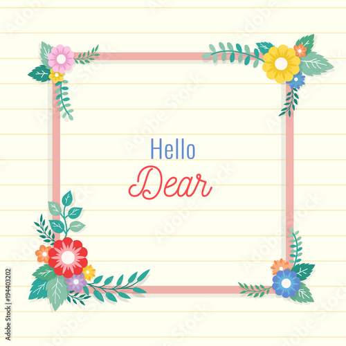 Beautiful lined paper background with colorful flower with leaf ornament frame. Paper sheet for memo, note, quote, greeting card.