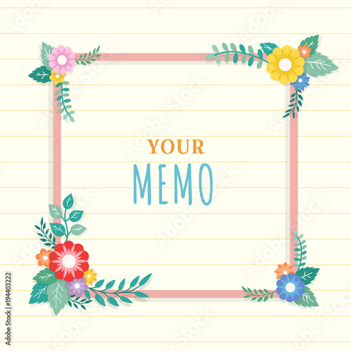 Beautiful lined paper background with colorful flower with leaf ornament frame. Paper sheet for memo, note, quote, greeting card.