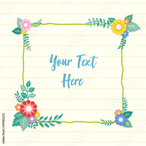 Beautiful lined paper background with colorful flower with leaf ornament frame. Paper sheet for memo, note, quote, greeting card.