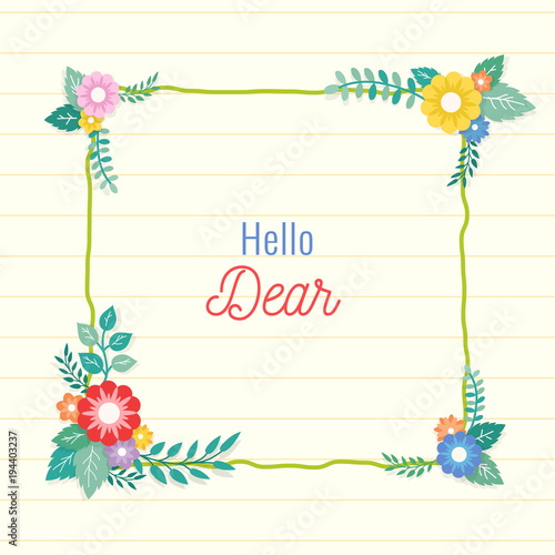 Beautiful lined paper background with colorful flower with leaf ornament frame. Paper sheet for memo, note, quote, greeting card.