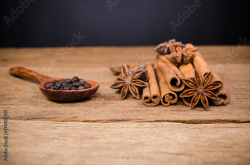 Star anise and cinnamon stick,black pepper photo