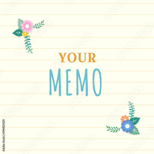 Beautiful lined paper background with colorful flower with leaf ornament frame. Paper sheet for memo, note, quote, greeting card.