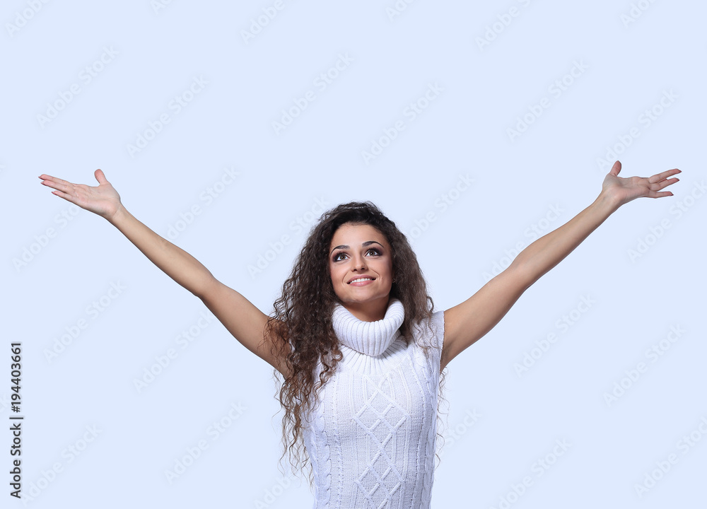 Happy girl with arms outstretched white background Happy girl with arms outstretched white background