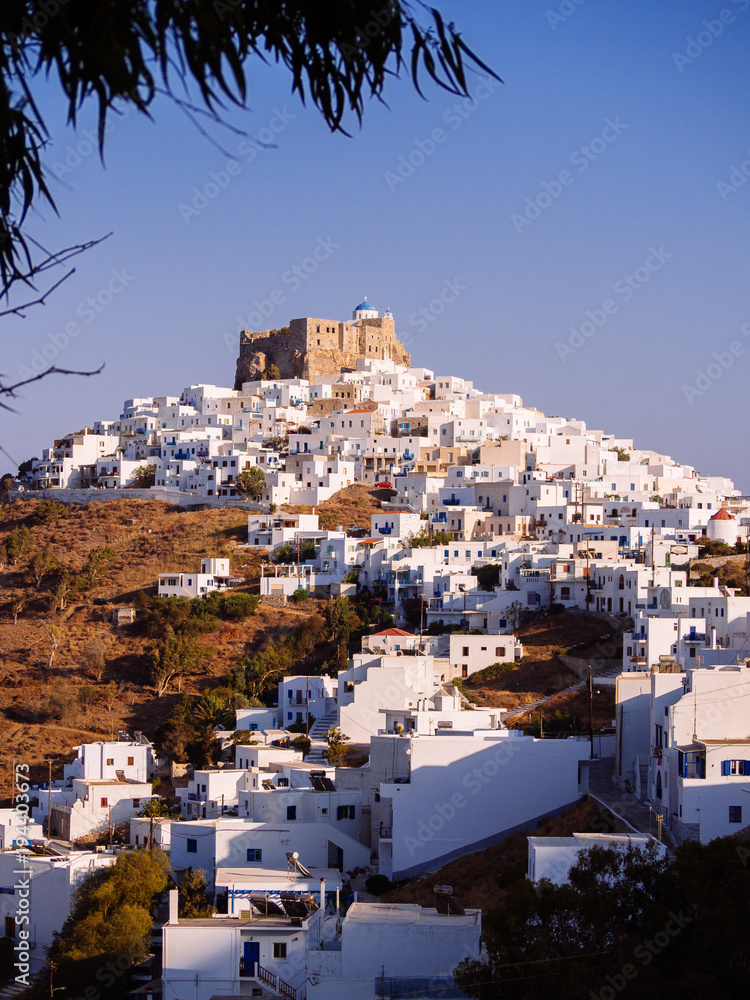 Chora of Astypapaia island ,Greece at daytime with the white houses that encircle the castle