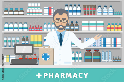 Pharmacist standing behind casheir counter suggested his product. Flat style llustration vector.