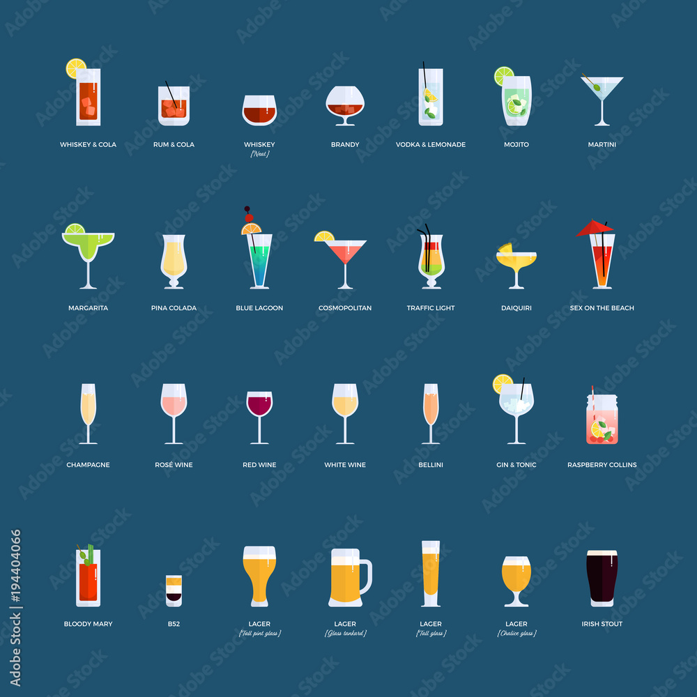 28 Cocktail and beer vector icons set. Party bar and menu drinks glass vectors - obrazy, fototapety, plakaty 
