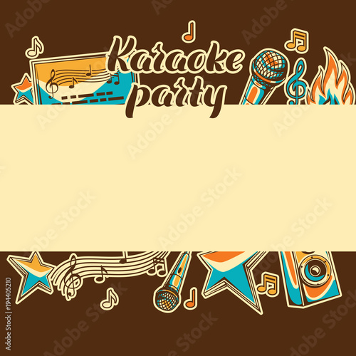 Karaoke party card. Music event background. Illustration in retro style