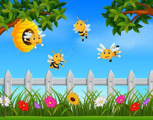 Illustration of bee flying around a beehive in the garden