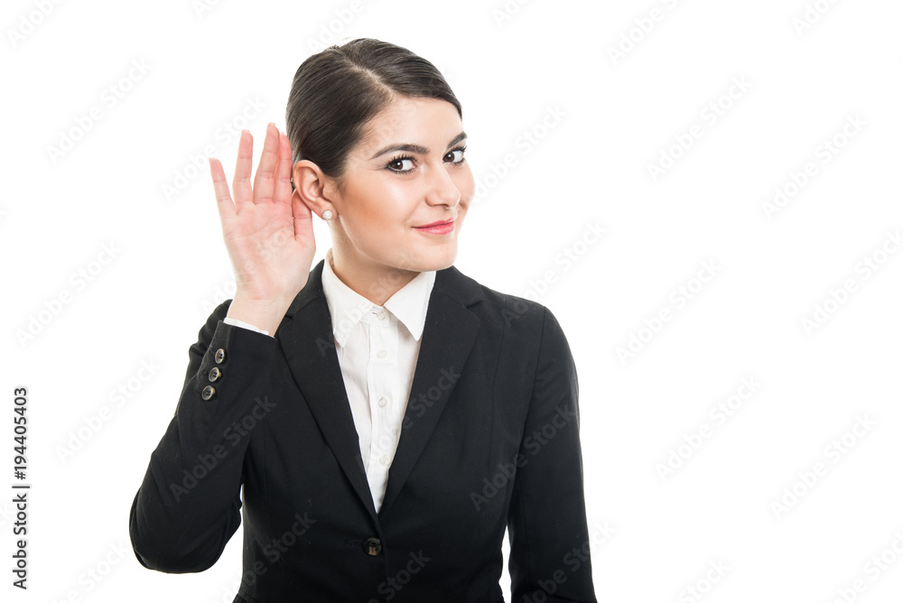 Beautiful female flight attendant showing can’t hear you Beautiful female flight attendant showing can’t hear you