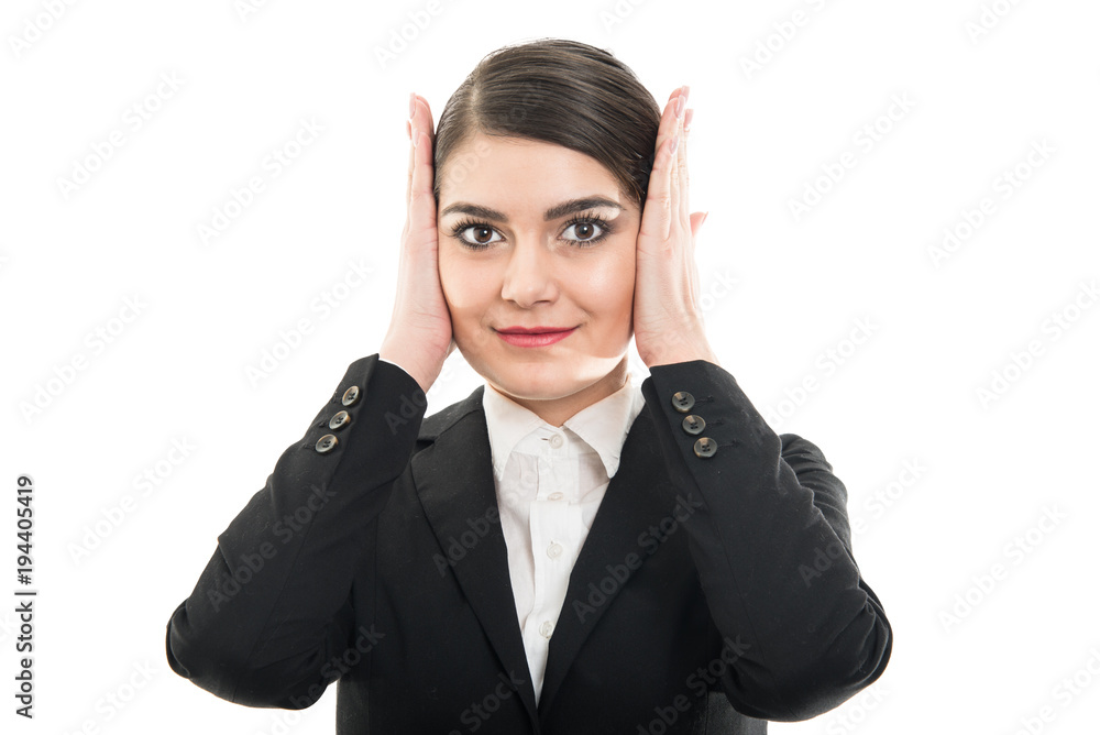 Beautiful female flight attendant covering her ears Beautiful female flight attendant covering her ears