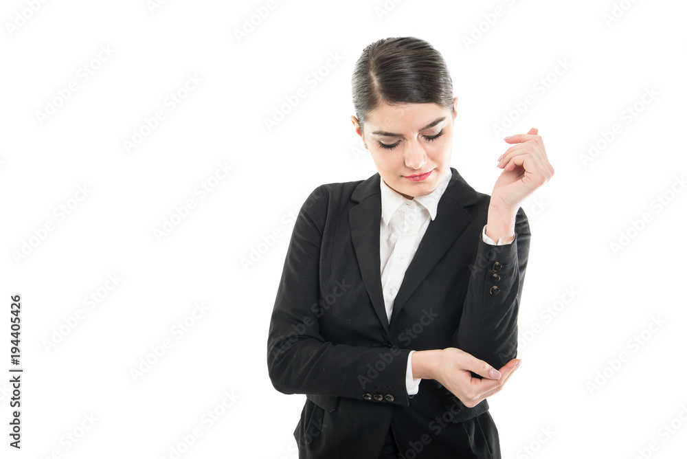 Portrait of beautiful female holding her elbow like hurting Portrait of beautiful female holding her elbow like hurting