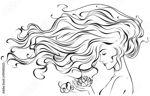 Graphic image of a young girl with developing hair and a Lotus flower in her hand. Vector illustration