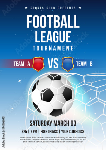 Football league tournament poster vector illustration, Soccer ball in goal net with blue sky.
