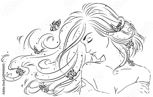 Sketch of a young girl with beautiful hair on white background. Vector illustration