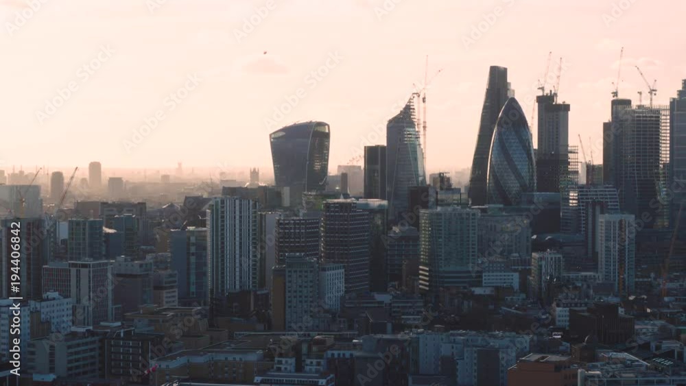 Panoramic aerial of iconic skyline of Central London financial district