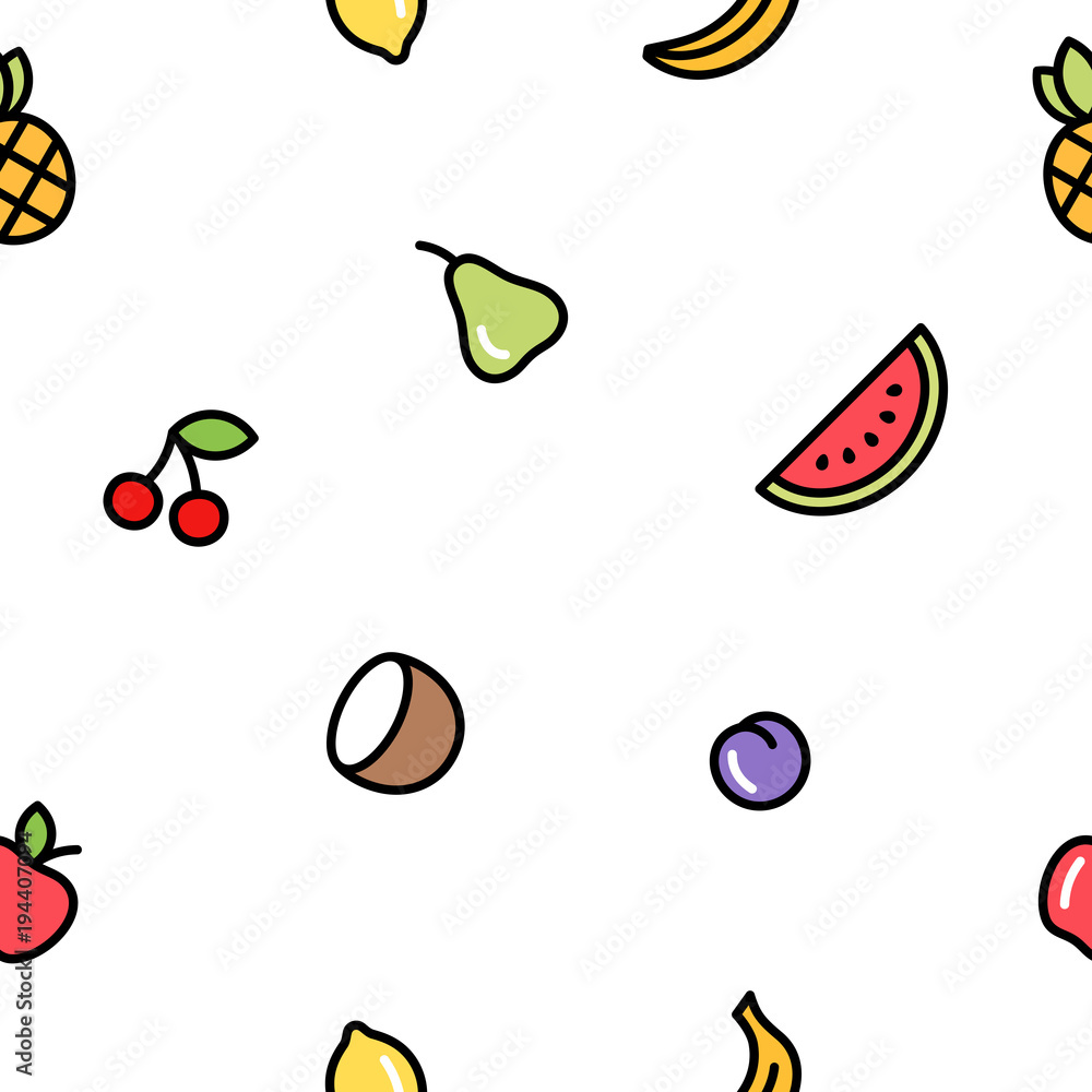 Seamless background with fruits and vegetables. Vector fresh organic food pattern